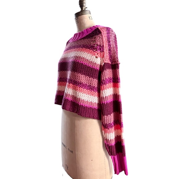 Free People Devon Cropped Knit Striped Sweater in Fuchsia Rose, Sz Sm - Picture 7 of 16